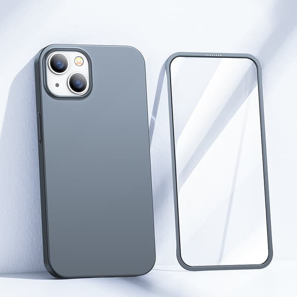 Suojakuori iPhone 13:lle, taka- ja etukotelo + karkaistu lasi, harmaa