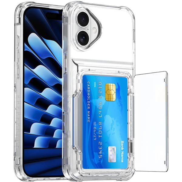 Takakuori korttipaikalla ja jalustalla iPhone 16 Plus -puhelimelle