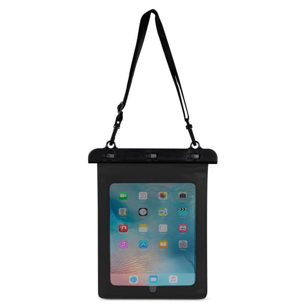 Vedenpitävä PVC-tablettikotelo säädettävällä ulkoiluhihnalla - musta