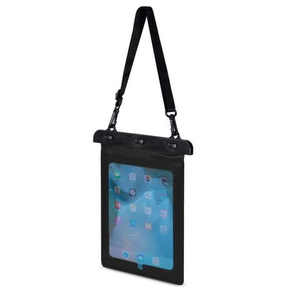 Vedenpitävä PVC-tablettikotelo säädettävällä ulkoiluhihnalla - musta