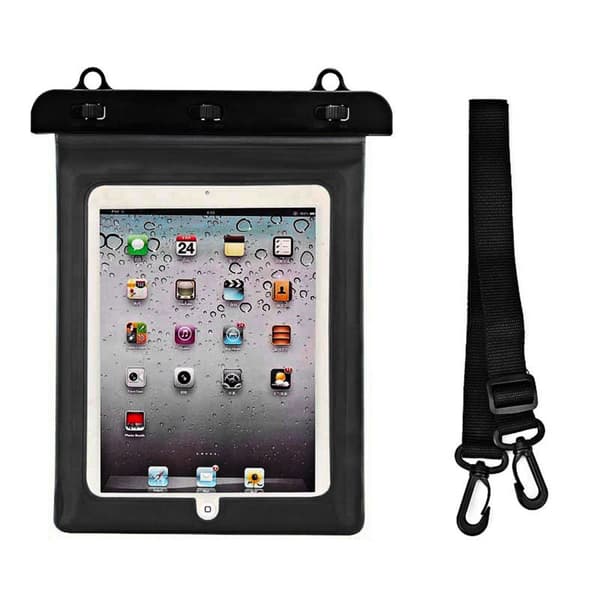 Vedenpitävä PVC-tablettikotelo säädettävällä ulkoiluhihnalla - musta