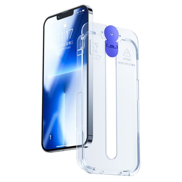 Härdat glas för iPhone 14 Pro Max med transparent Knight monteringssats