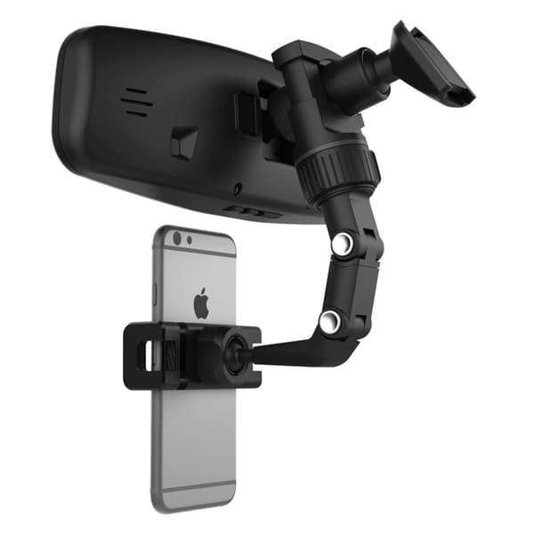 Svart smartphonehållare fäst på backspegeln