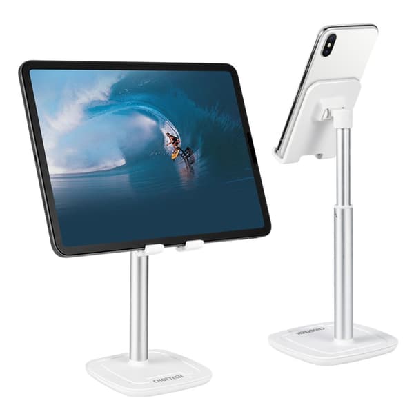 Højdejusterbart stativ til telefon eller tablet, hvid og sølv