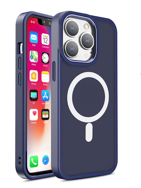 Magneettinen kotelo MagSafella iPhone 15:lle, kaulanauhareiät, tummansininen