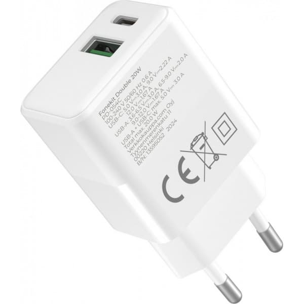 FoneKit Double 20W -laturi, USB-C + USB-A, valkoinen
