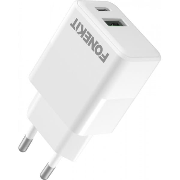 FoneKit Double 20W -laturi, USB-C + USB-A, valkoinen