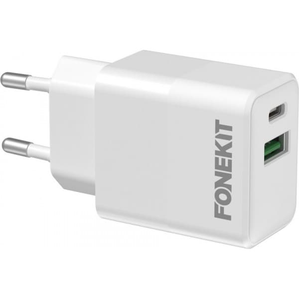FoneKit Double 20W -laturi, USB-C + USB-A, valkoinen