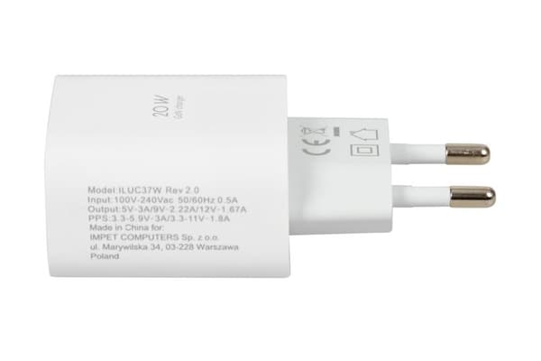 Vægoplader iBOX C-37 GaN PD20W, hvid