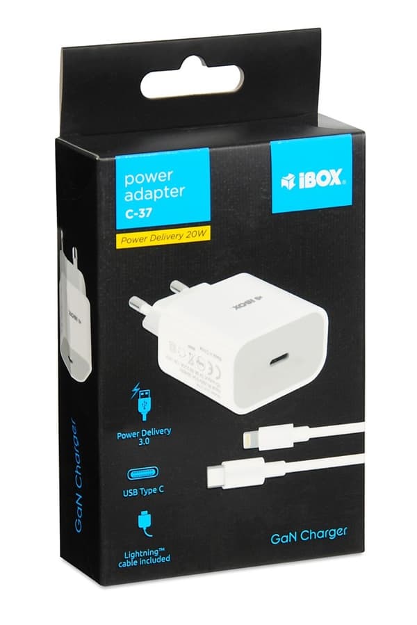 Vægoplader iBOX C-37 GaN PD20W, hvid