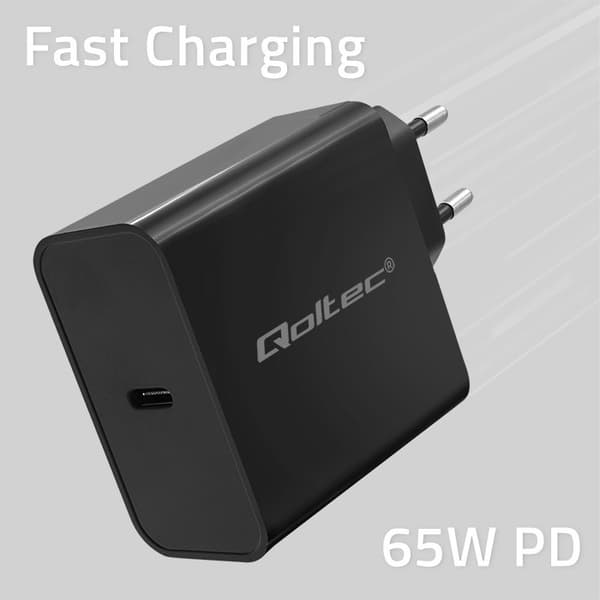 Qoltec 52379 Super Hurtig PD Oplader | 1xUSB-C | 65W | 5-20V | 3-3.25A | Sort