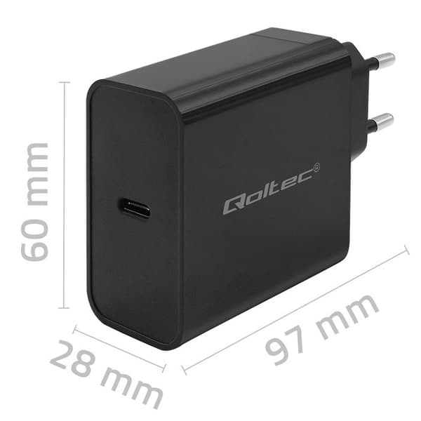 Qoltec 52379 Super Hurtig PD Oplader | 1xUSB-C | 65W | 5-20V | 3-3.25A | Sort