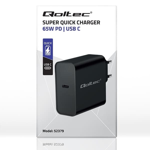 Qoltec 52379 Super Hurtig PD Oplader | 1xUSB-C | 65W | 5-20V | 3-3.25A | Sort