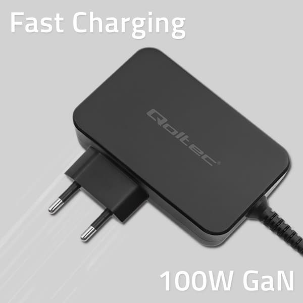 Qoltec GaN POWER PRO Oplader | 1xUSB-C | 100W | 5-20V | 3-5A | Sort