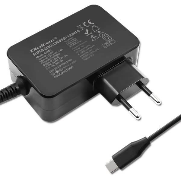 Qoltec GaN POWER PRO Oplader | 1xUSB-C | 100W | 5-20V | 3-5A | Sort
