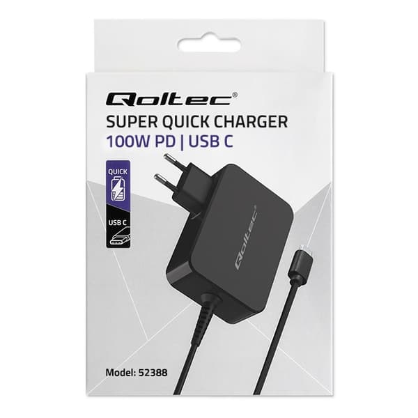 Qoltec GaN POWER PRO Oplader | 1xUSB-C | 100W | 5-20V | 3-5A | Sort