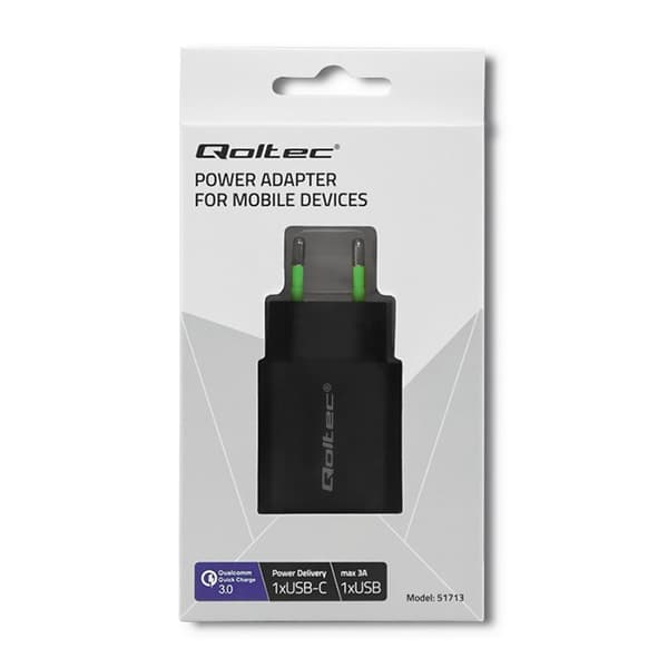 Qoltec 51713 Oplader | 18W | 5-12V | 1.5-3A | USB type C PD | USB QC 3.0 | Sort