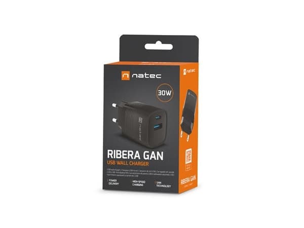 NATEC RIBERA GAN OPLADDER 1X USB-A + 1X USB-C 30W SORT