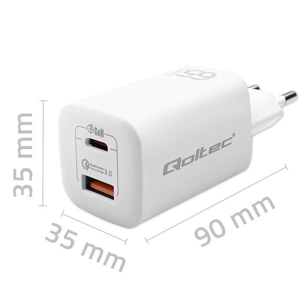 Qoltec 50765 mobiloplader Bærbar computer, Bærbar spillekonsol, Powerbank, Smartphone, Smartwatch, Tablet Hvid AC Hurtigopladning Indendørs