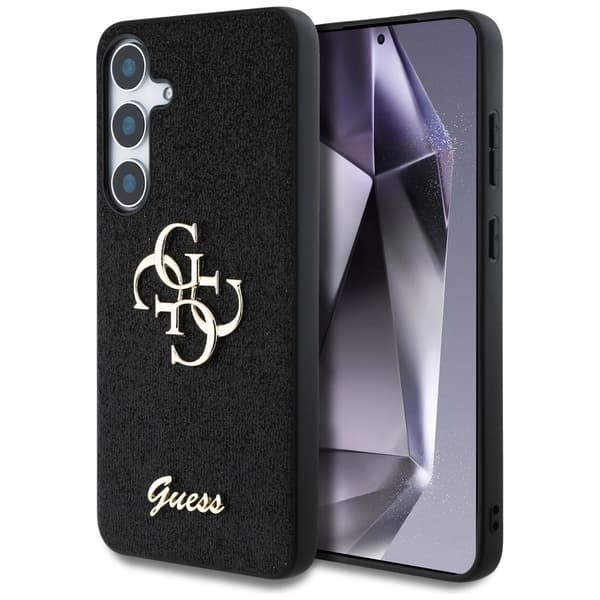 Guess Fast glitter bakre skall for Samsung Galaxy S25 med metallisk 4G-logo - Svart