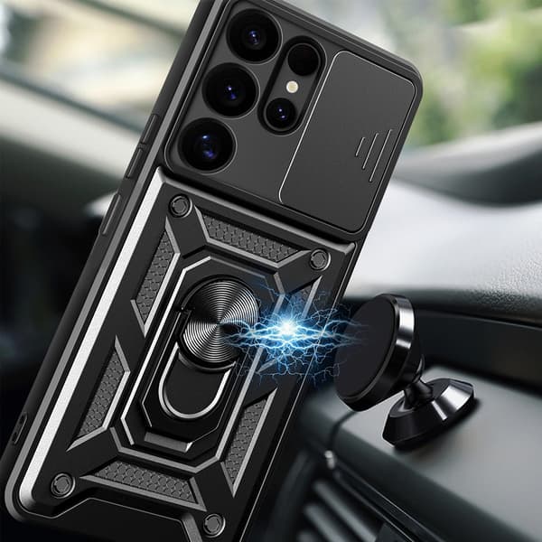Hybrid Armor Camshield beskyttelsesskall med kamerabeskyttelse og mobilring for Samsung Galaxy S25+ - Svart