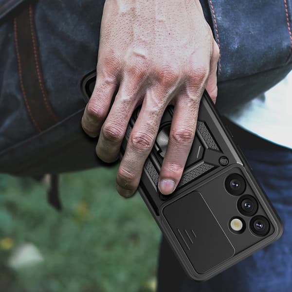 Bagcover med kamerabeskyttelse og mobilring til Samsung Galaxy S25+ - Svart