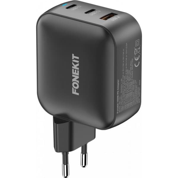 FoneKit GaN PD 100W -nätadapter, USB-C + USB-C + USB-A, svart