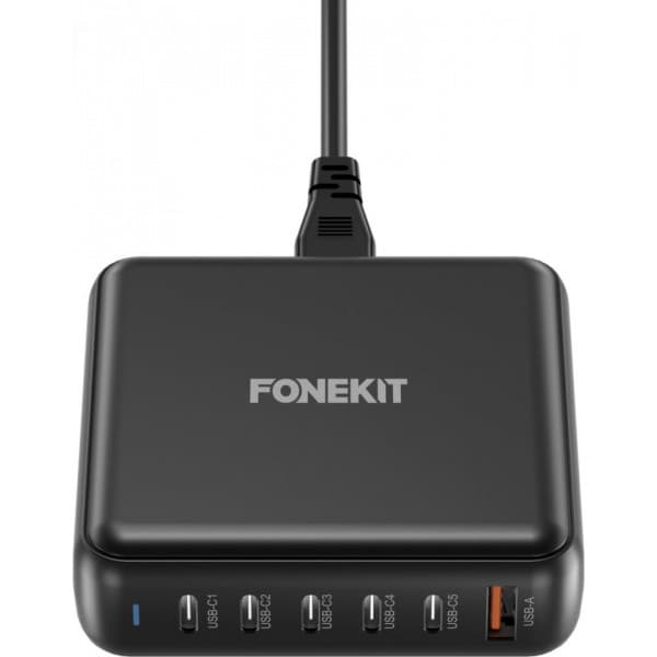 FoneKit GaN PD 200W -verkkovirtalaturi, USB-A + 5 x USB-C, musta