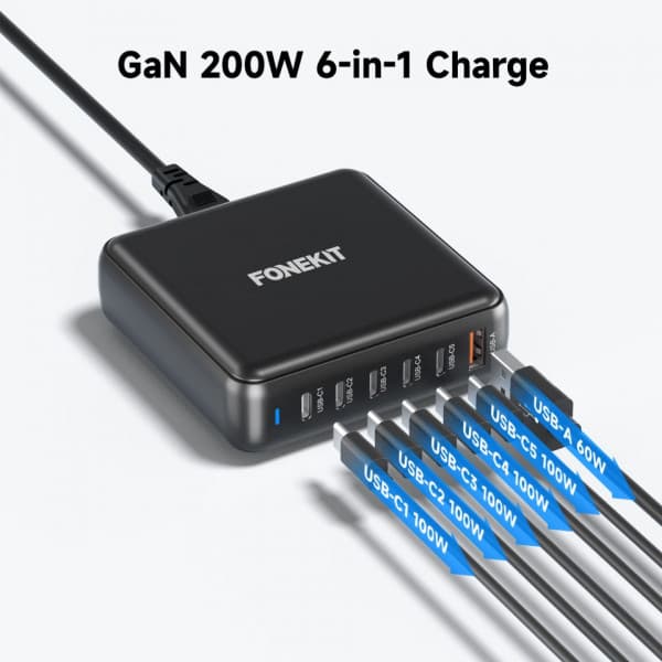 FoneKit GaN PD 200W -verkkovirtalaturi, USB-A + 5 x USB-C, musta