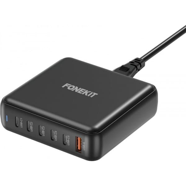 FoneKit GaN PD 200W -verkkovirtalaturi, USB-A + 5 x USB-C, musta