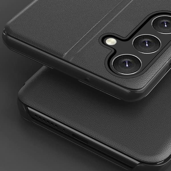 Keinonahkainen kotelo jalustalla Samsung Galaxy S25 - Svartille - Svart