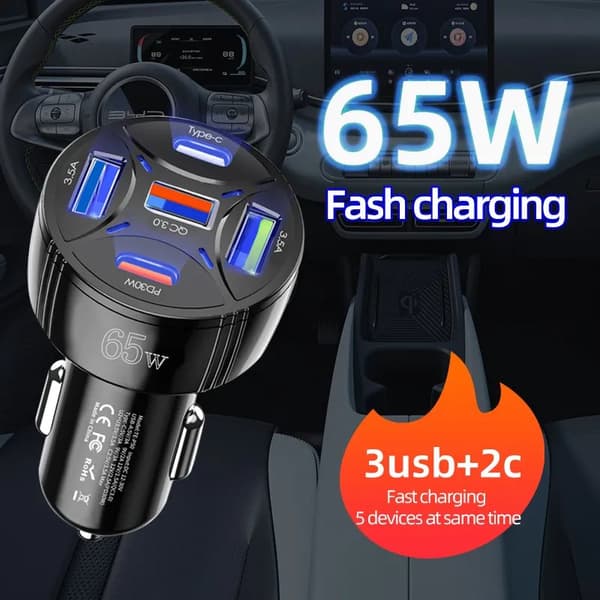 5-portars 65W USB-billaddare
