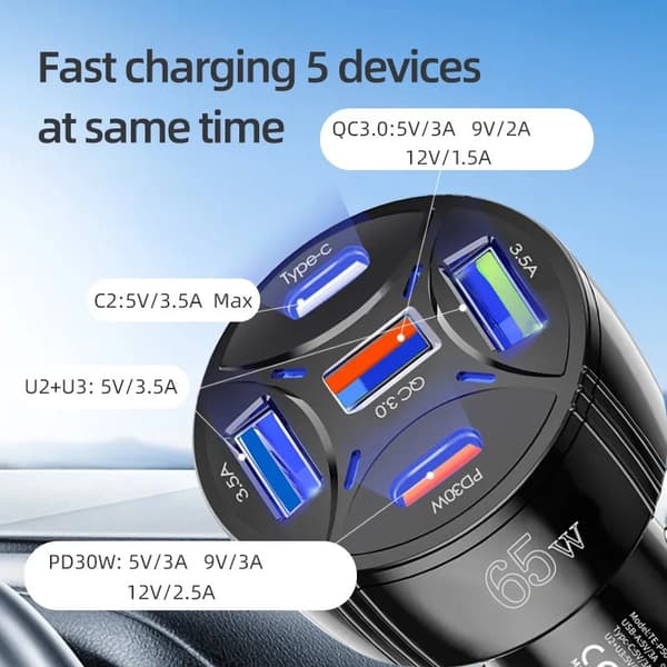 5-portars 65W USB-billaddare