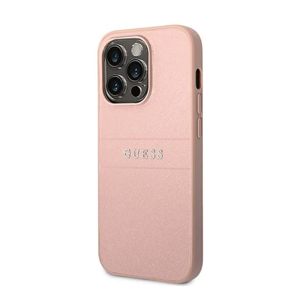 Guess Saffiano Metal Logo Stripes - Case for iPhone 14 Pro (Pink)
