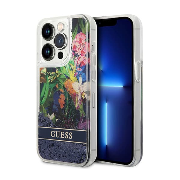 Guess Liquid Glitter Flower - Etui til iPhone 14 Pro (blå)