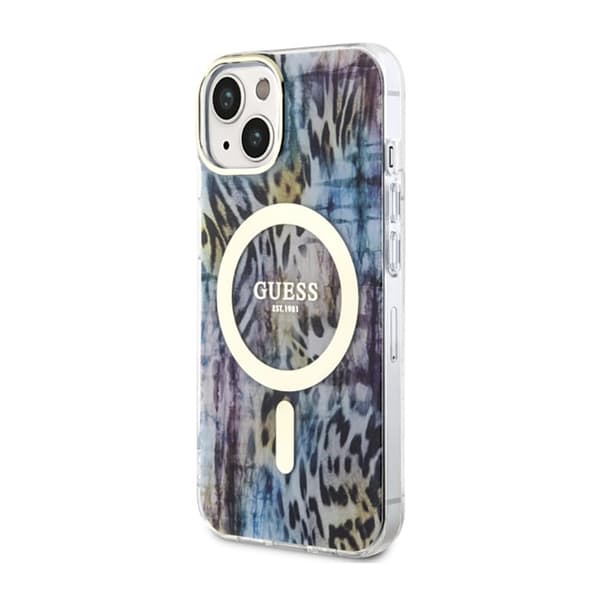 Guess Leopard MagSafe - kotelo iPhone 14:lle (sininen)