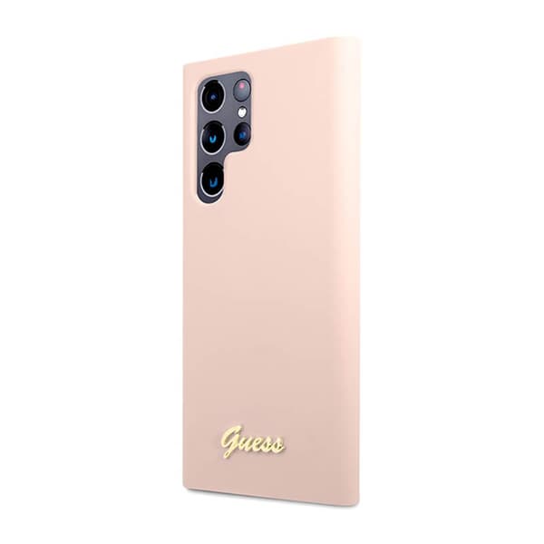 Guess Silicone Script Metal Logo - Suojakuori Samsung Galaxy S23 Ultralle (vaaleanpunainen)