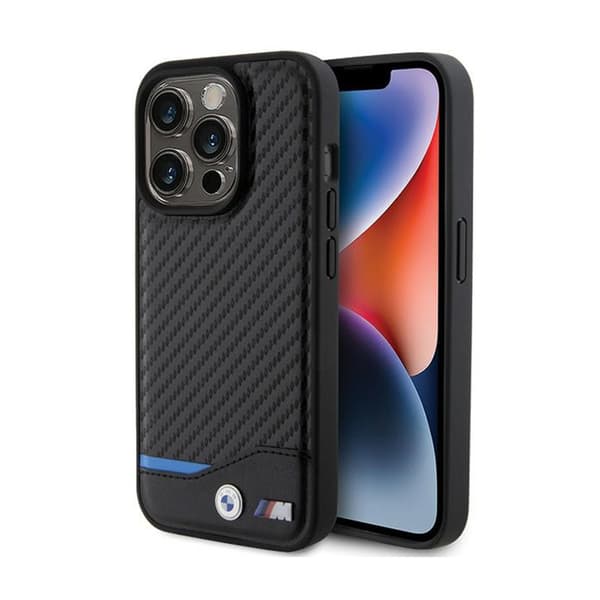 BMWLeatherCarbonBlueLine-koteloiPhone15Prolle(musta)