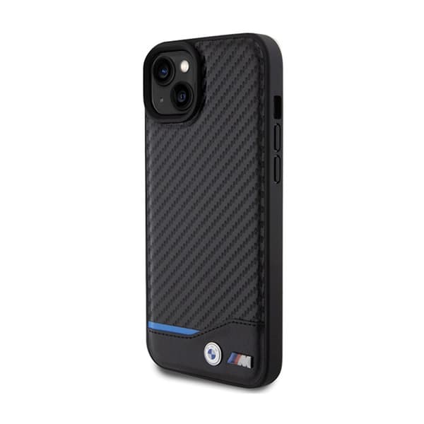 BMWLeatherCarbonBlueLine-koteloiPhone15Plus-puhelimelle(musta)