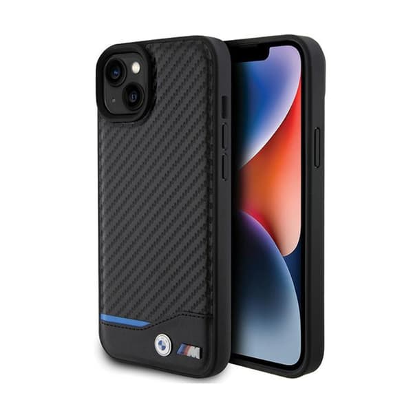 BMWLeatherCarbonBlueLine-koteloiPhone15Plus-puhelimelle(musta)