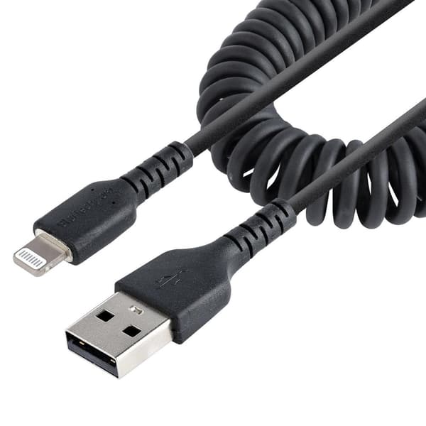 StarTech.com 1m USB till Lightning-kabel - spolad kabel - MFi-certifierad - Snabbladdningskabel för iPhone/iPad - Svart - Robust TPE-jacka med aramidf