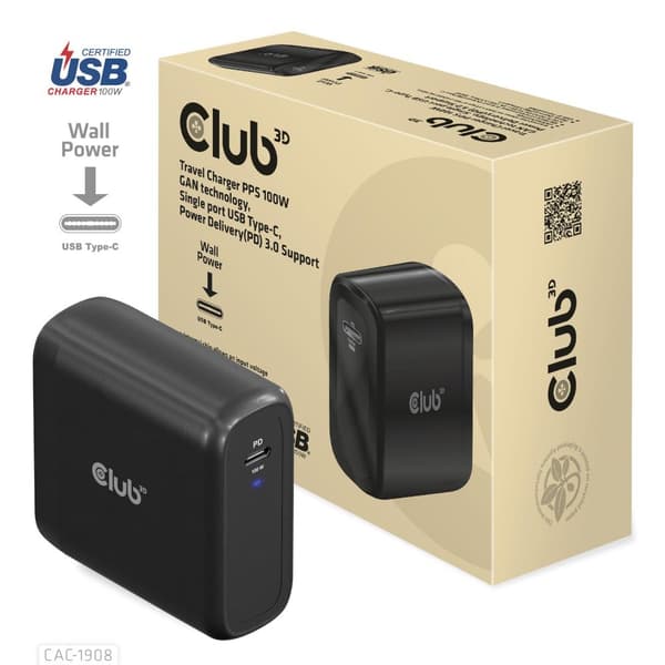 Club3D-matkalaturi 1xUSB Type C, PD 100W vähittäismyynti (CAC-1908EU)