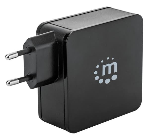 Manhattan væg-/strømoplader til mobilenheder (Euro 2-bens), USB-C og USB-A porte, USB-C output: 60W / 3A, USB-A output: 2.4A, sort, telefonoplader, tr