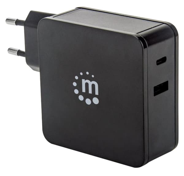 Manhattan væg-/strømoplader til mobilenheder (Euro 2-bens), USB-C og USB-A porte, USB-C output: 60W / 3A, USB-A output: 2.4A, sort, telefonoplader, tr