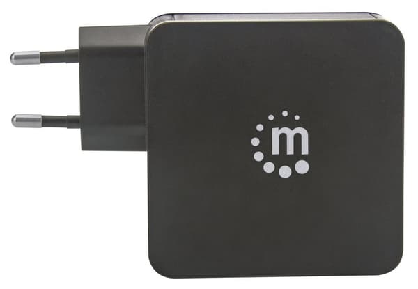 Manhattan væg-/strømoplader til mobilenheder (Euro 2-bens), USB-C og USB-A porte, USB-C output: 60W / 3A, USB-A output: 2.4A, sort, telefonoplader, tr