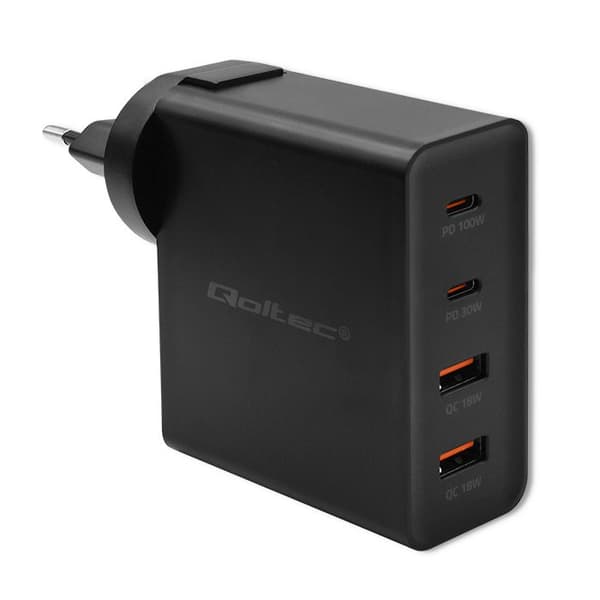 Qoltec GaN POWER PRO Laturi | 2xUSB-C | 2xUSB | 130W | 5-20V | 1.5-5A | XP | Musta