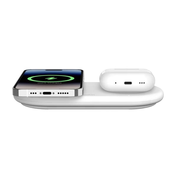 Belkin WIZ021VFWH - 2-i-1 trådlös laddningsplatta med Qi2-teknik 15 W, vit