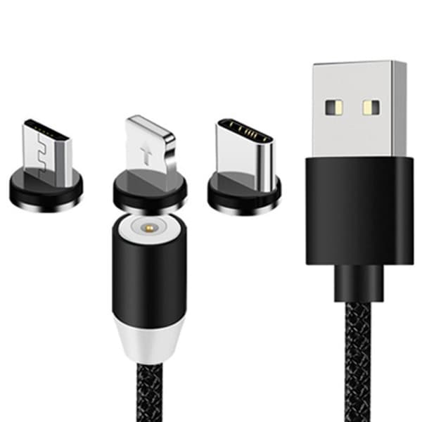 Magnetisk 3-i-1 Laddkabel USB/Micro/Typ-C/Lightning 1m Svart