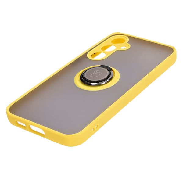 Bizon Case Hybrid Ring Fingerring Cover til Galaxy S23 FE, Røgfarvet med Gul Ramme