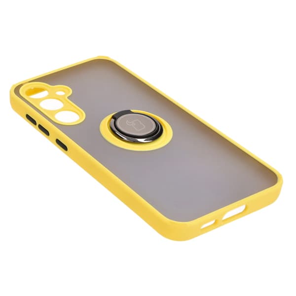Bizon Case Hybrid Ring Fingerring Cover til Galaxy S23 FE, Røgfarvet med Gul Ramme